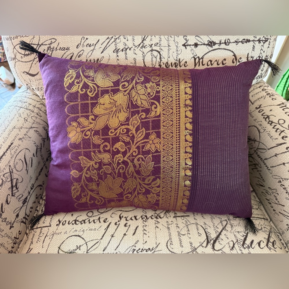 Purple and Gold Decorative 13" x 17" Pillow with Black & Gold Tassels.